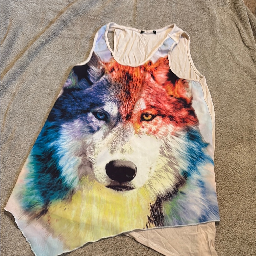 Red and Blue Graphic Tank Top with Wolf Design